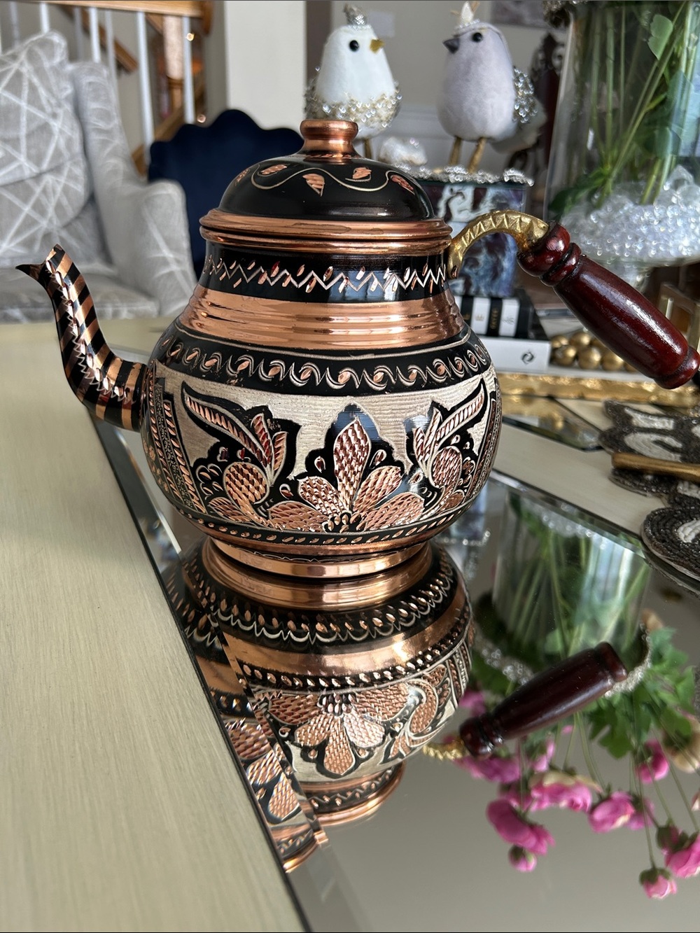Hand-Engraved Copper Floral Teapot with Dark Accents